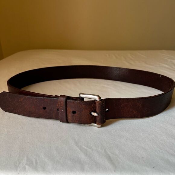 Vintage Brown Leather Belt 36 Silver Buckle Rustic Workwear Western Jean Belt - Picture 1 of 7